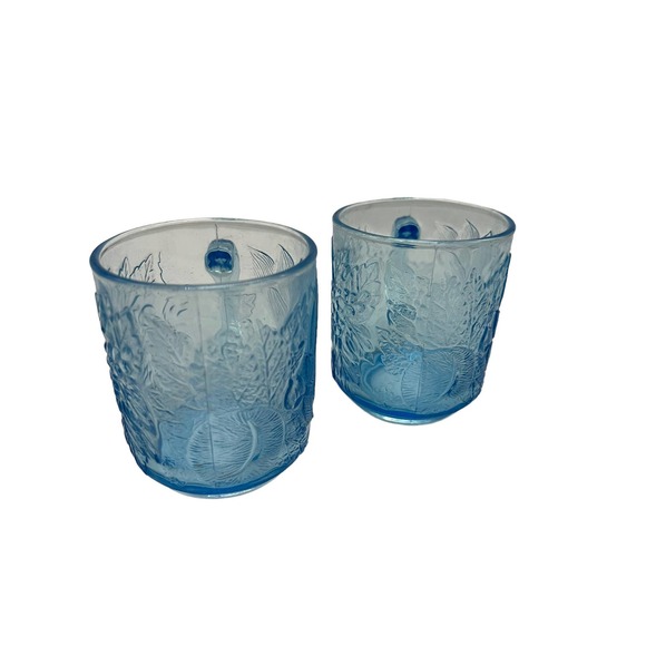 Vintage Fruit Motif Blue Pressed Glass Coffee Mugs Set of 2 - Picture 2 of 6
